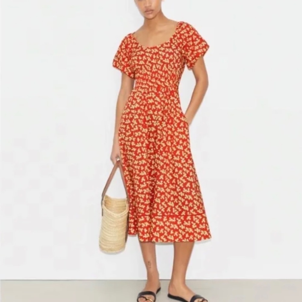 Tory Burch Red Little Leaves Print Midi Dress Size 4 NWOT Pockets Lyocell Cotton - Picture 2 of 9